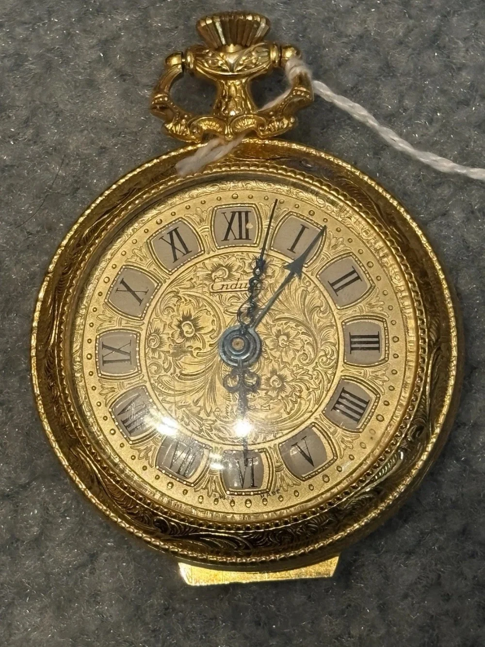Vintage Endura Gold Tone Pendant Pocket Watch Ornate Engraved Hunter Case
